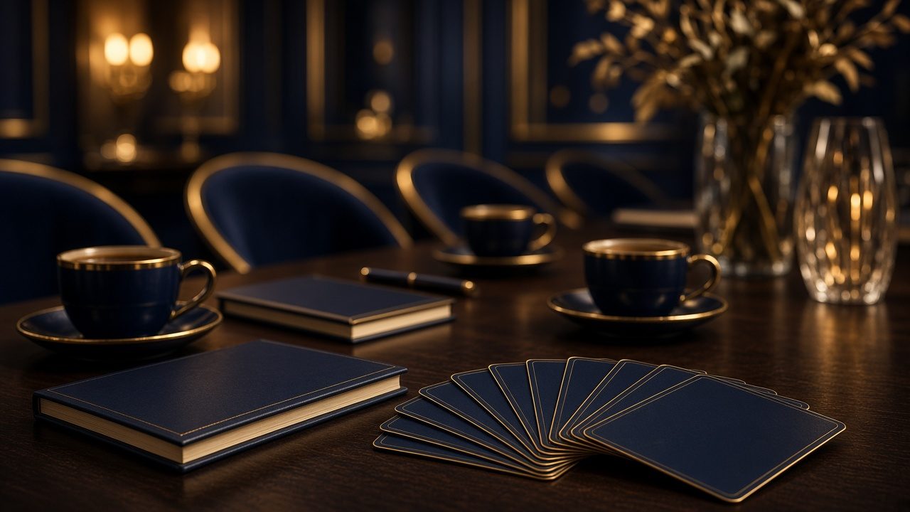Table de séminaire avec cartes à jouer dorées en éventail, carnets et tasses de café